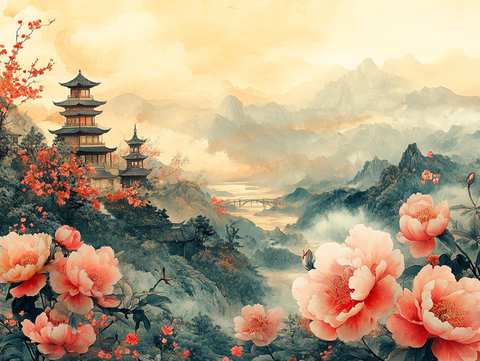 山水牡丹亭阁图