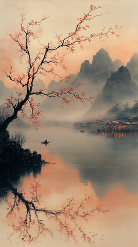 孤舟映云山墨影