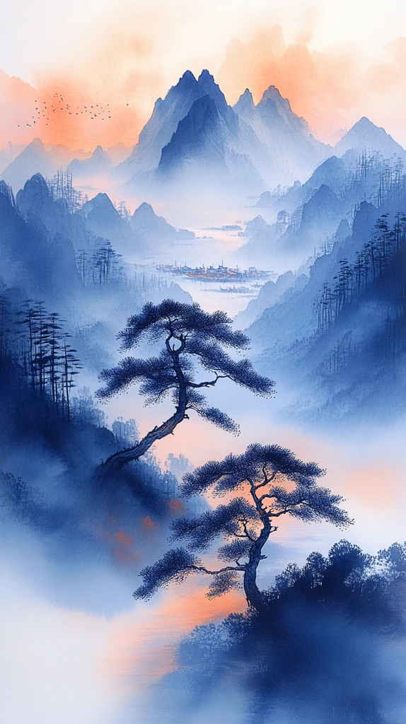 孤舟映云山墨影