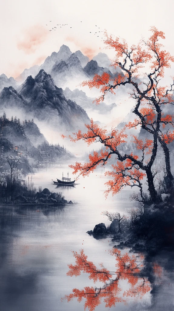 孤舟映云山墨影