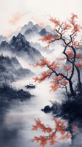 孤舟映云山墨影