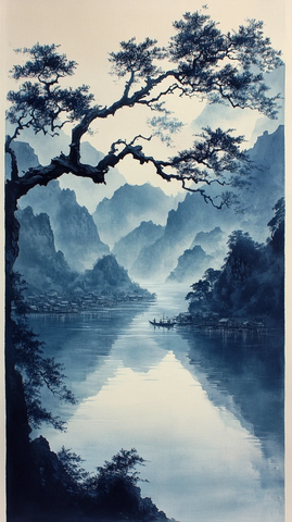 孤舟映云山墨影