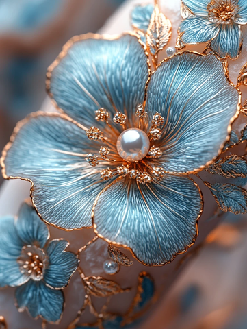 蓝金花卉指甲艺术