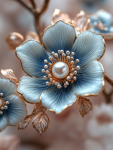 蓝金花卉指甲艺术