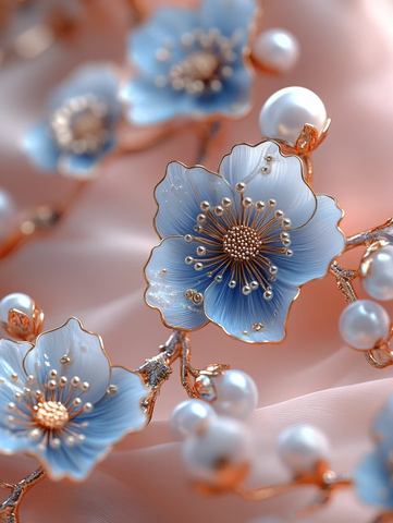 蓝金花卉指甲艺术