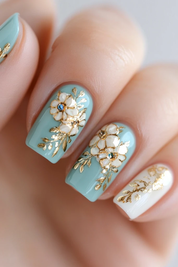 海蓝宝石花朵美甲