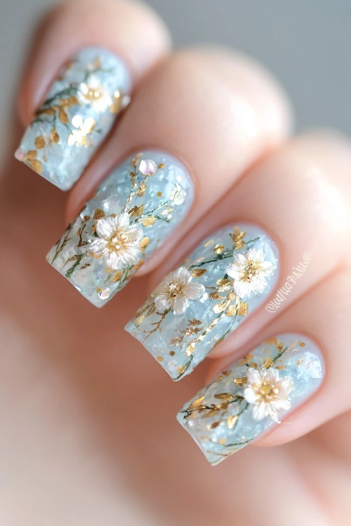 海蓝宝石花朵美甲