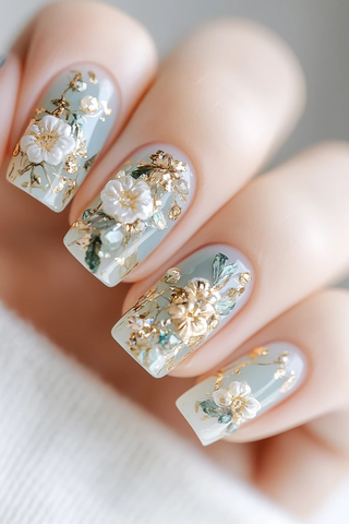 海蓝宝石花朵美甲