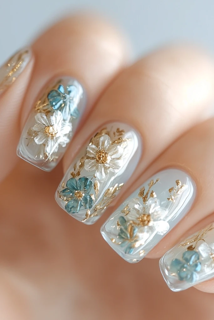 海蓝宝石花朵美甲