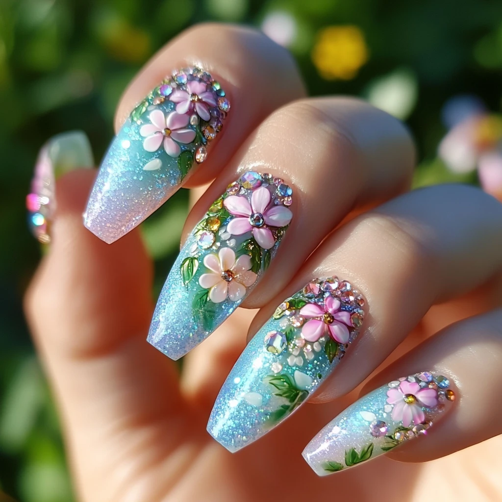 梦幻花海渐变美甲