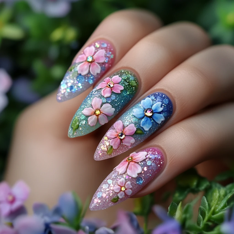 梦幻花海渐变美甲