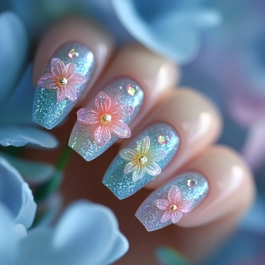 梦幻花海渐变美甲