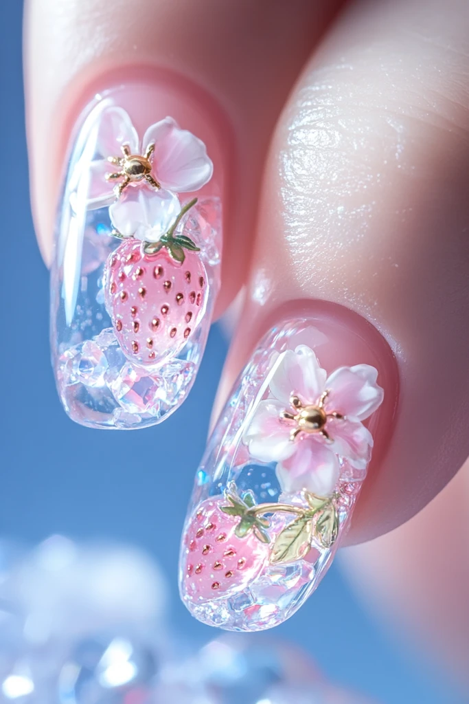 草莓樱花指甲艺术