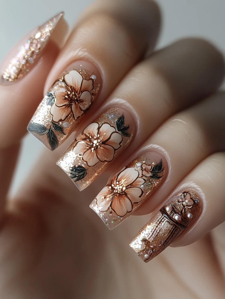 金银闪粉绣花指甲