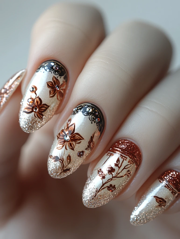 金银闪粉绣花指甲