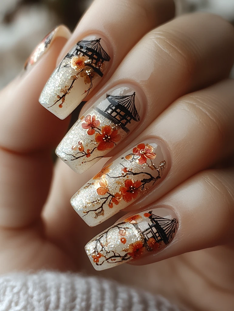 金银闪粉绣花指甲