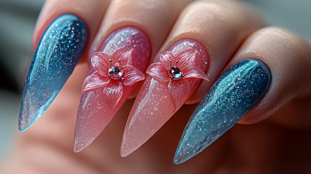 粉色渐变蕾丝美甲