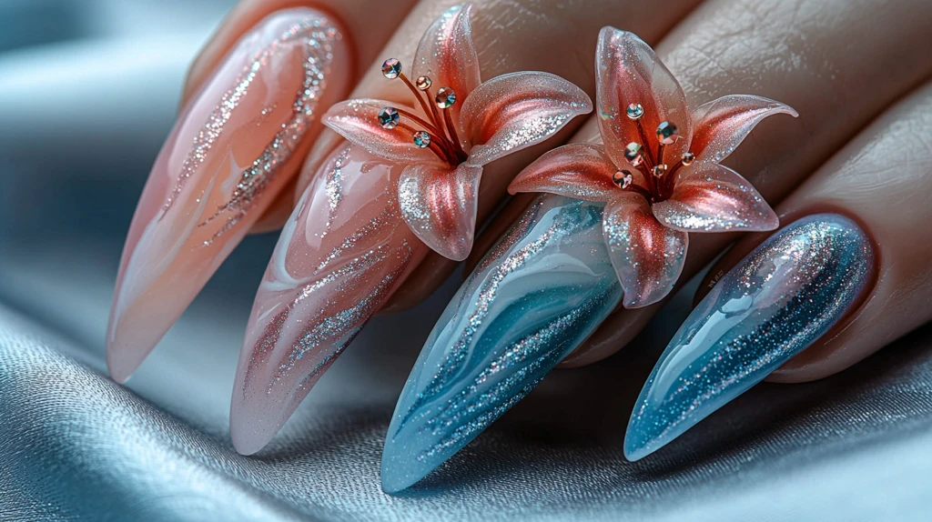 粉色渐变蕾丝美甲