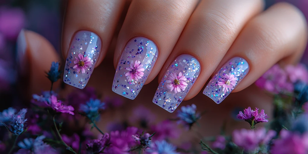 紫色宝石花艺美甲