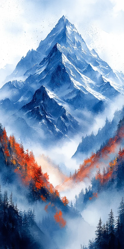 雪顶山脉水彩画