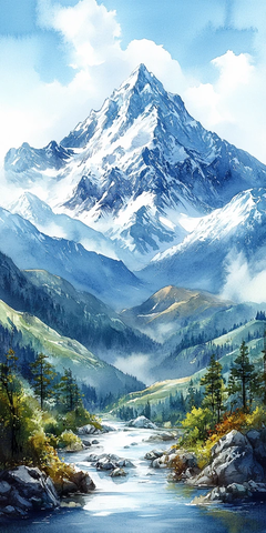 雪顶山脉水彩画