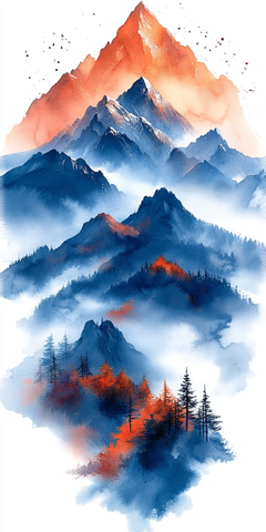 雪顶山脉水彩画