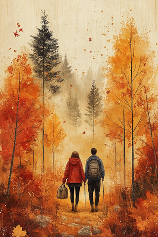 秋日森林徒步情侣