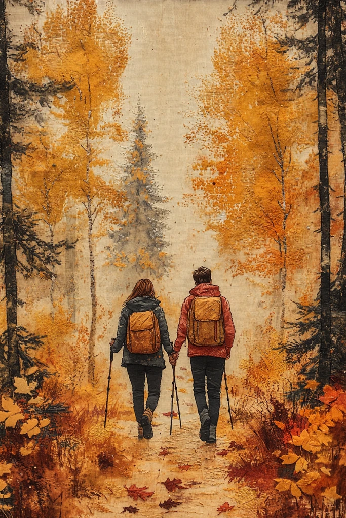 秋日森林徒步情侣