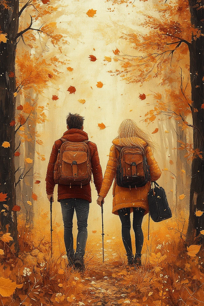 秋日森林徒步情侣