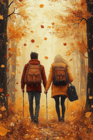 秋日森林徒步情侣