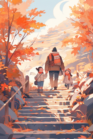 登山家庭秋色图