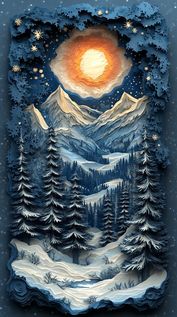 冬夜雪景纸雕图