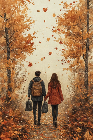 秋日森林情侣漫步