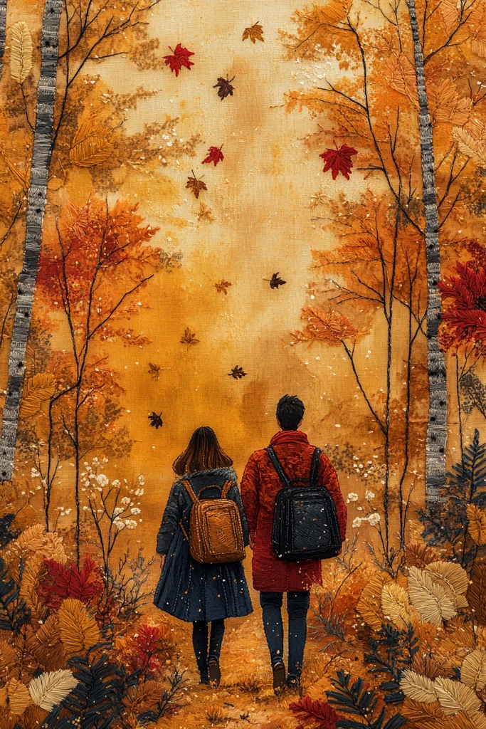 秋日森林情侣漫步