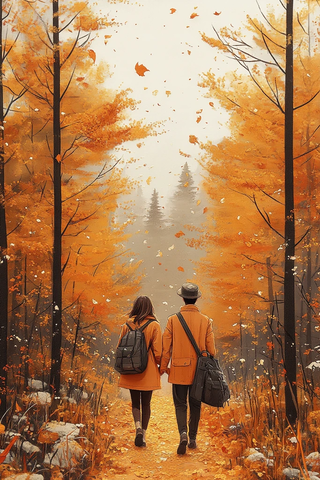 秋日森林情侣漫步