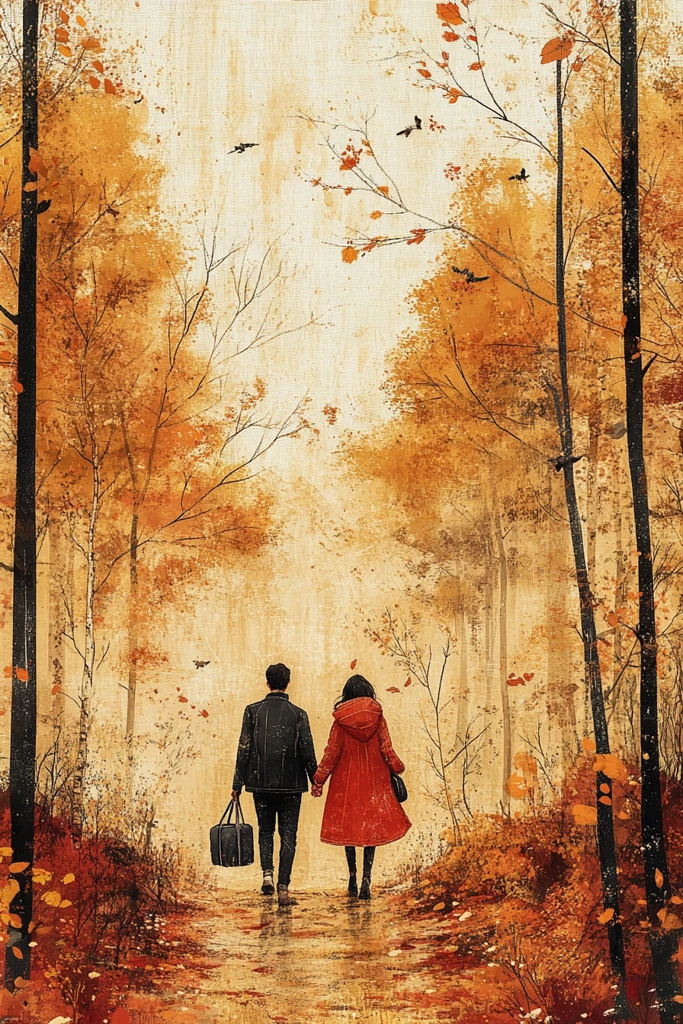 秋日森林情侣漫步