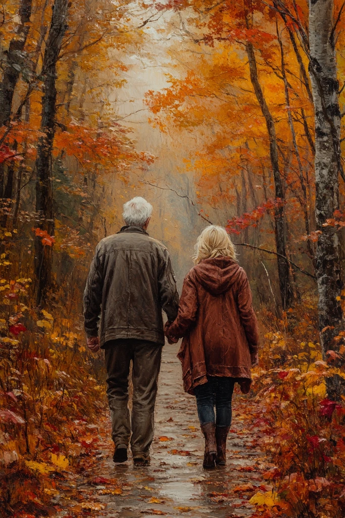 秋叶林中情侣漫步