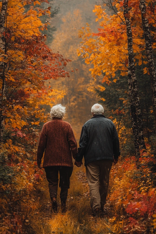 秋叶林中情侣漫步