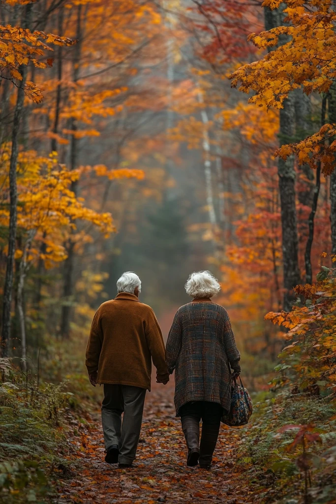 秋叶林中情侣漫步