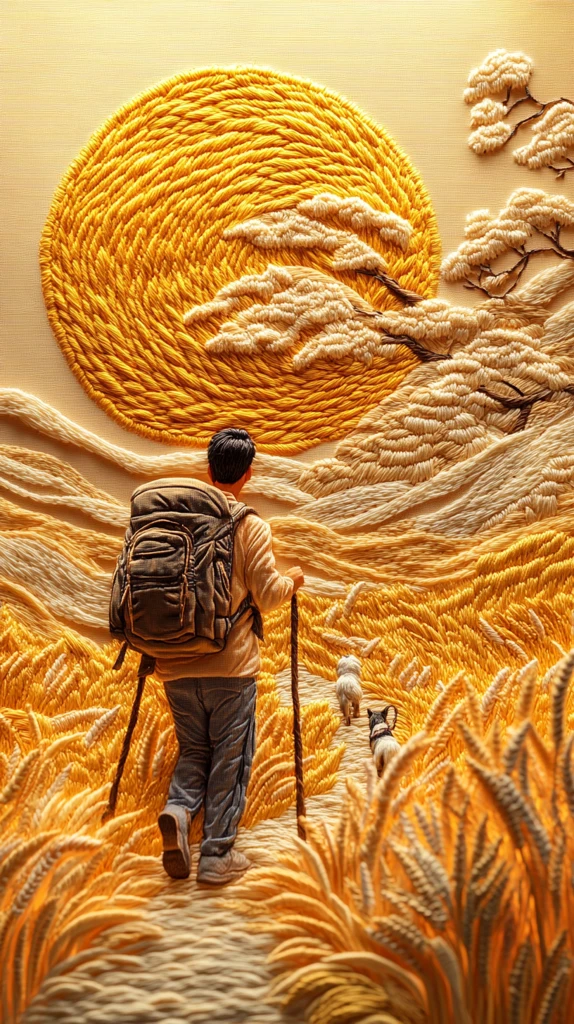 青年背包徒步与狗