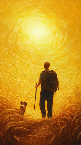 青年背包徒步与狗