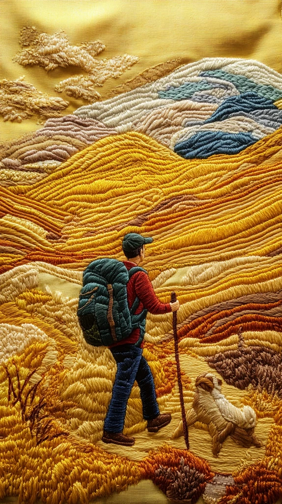 青年背包徒步与狗