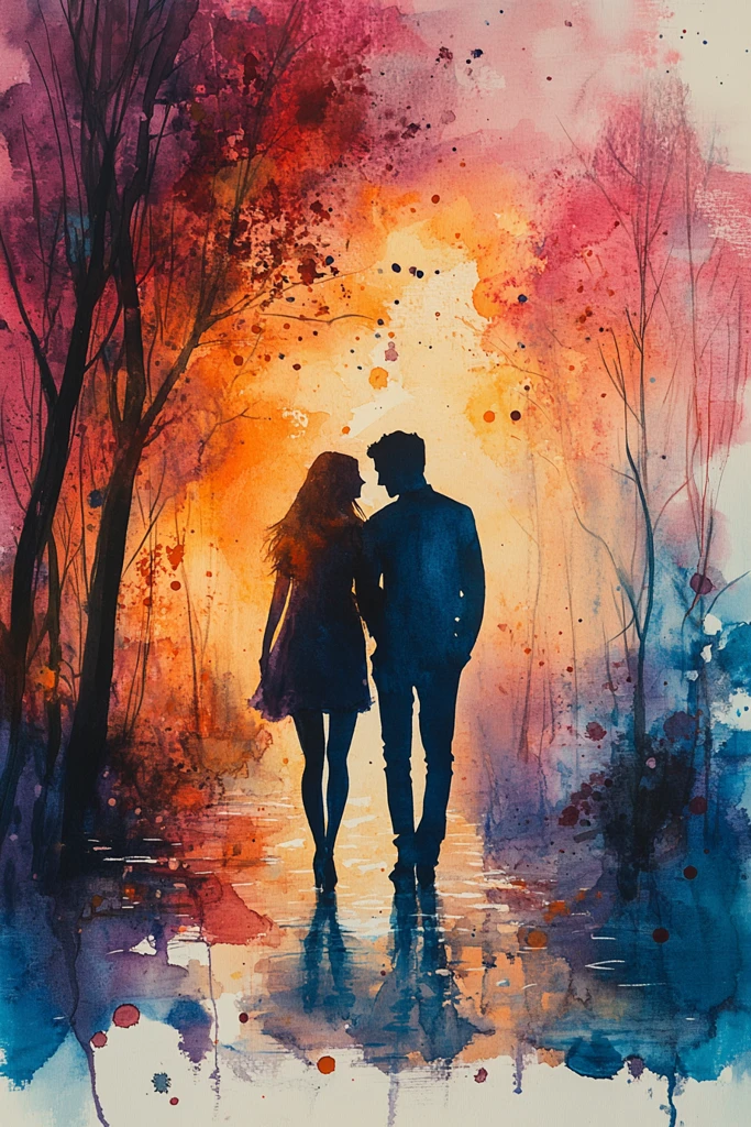情侣散步水彩画