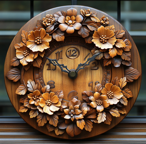 木雕花叶挂钟
