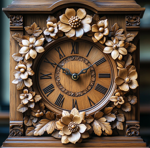 木雕花叶挂钟