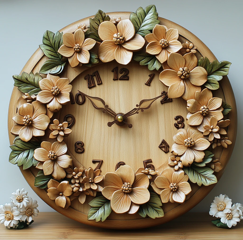 木雕花叶挂钟