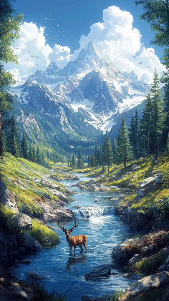 山林溪流鹿饮水