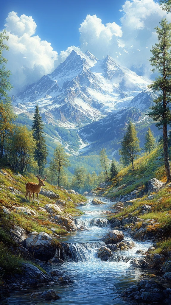 山林溪流鹿饮水