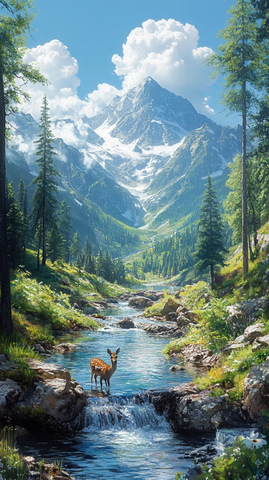 山林溪流鹿饮水