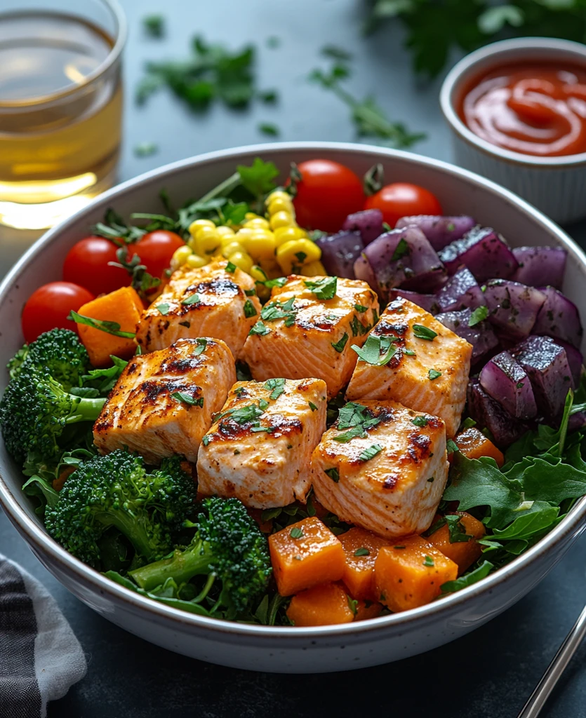 鸡沙拉配鲑鱼和蔬菜